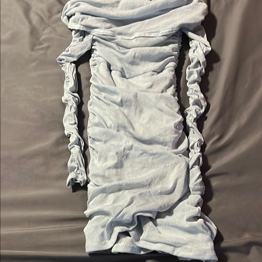 Elegant Off-Shoulder Ruched Dress in Light Blue